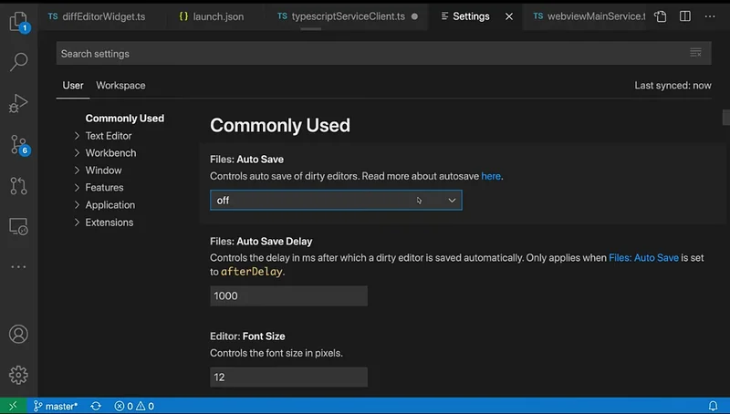 Visual studio code settings window